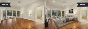 Before and after image of a virtually staged oblong bedroom