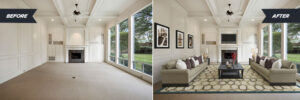 Virtual staging of a bare living room and what it looks like after the staging when it gets to the online listing