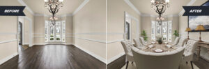 Before and after look at a dining room just off the entrance of the home