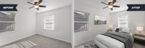 Before and after look at a smaller bedroom with virtual staging